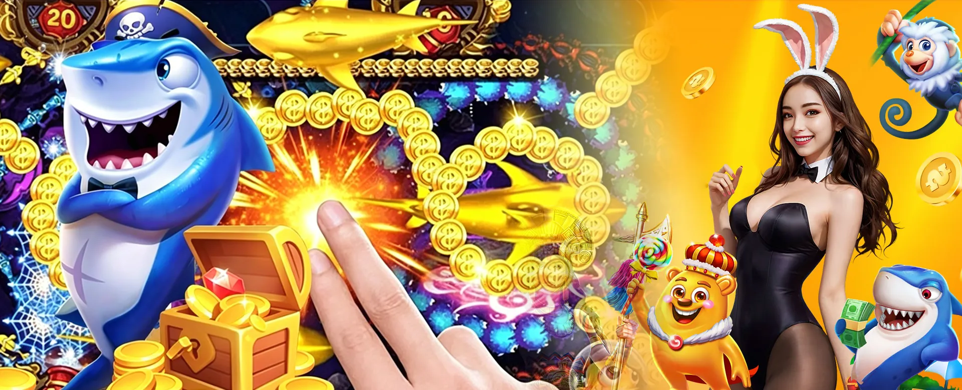 Dynamic scene of exploding golden coins and playing cards in a luxurious online casino lobby.